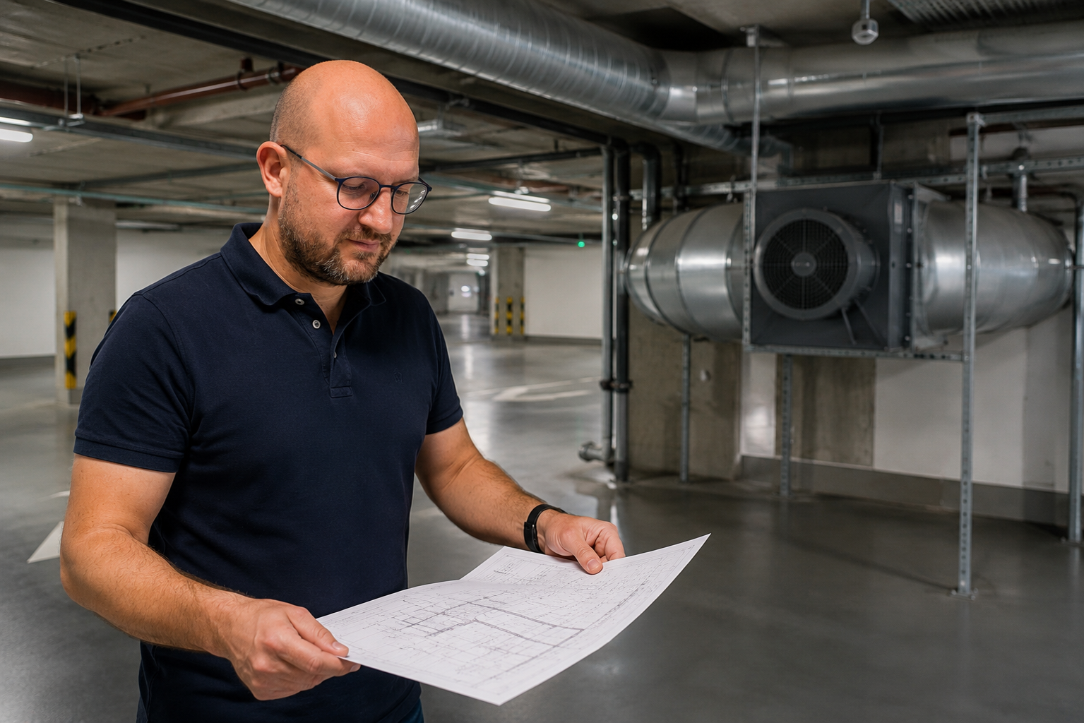 Lukáš Pavlík v parkovacím domě při kontrole projektové dokumentace ZOKT